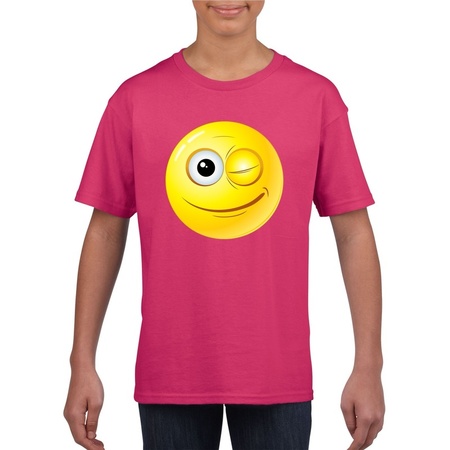 Emoticon knipoog  t-shirt fuchsia/roze kinderen
