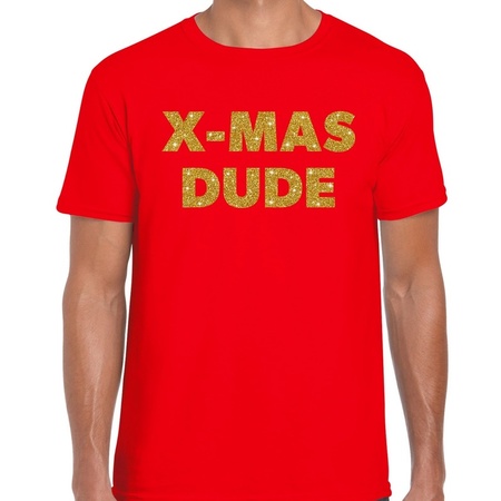 Rood Kerst shirt / kerstkleding X-mas dude goud glitter op rood heren