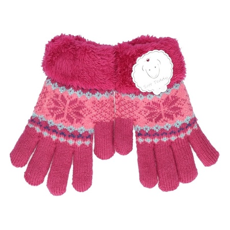 Gebreide handschoenen fuchsia roze met sneeuwster en nep bont voor meisjes/kinderen