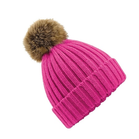 Knitted winter hat fuchsia pink with faux fur pompon for men/wom