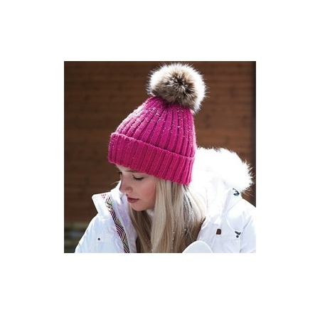 Knitted winter hat fuchsia pink with faux fur pompon for men/wom