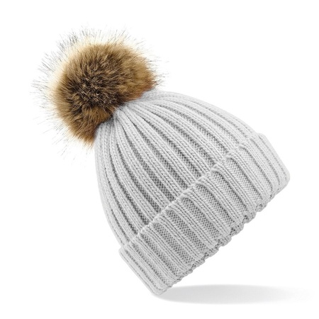 Knitted winter hat light grey with faux fur pompon for men/women