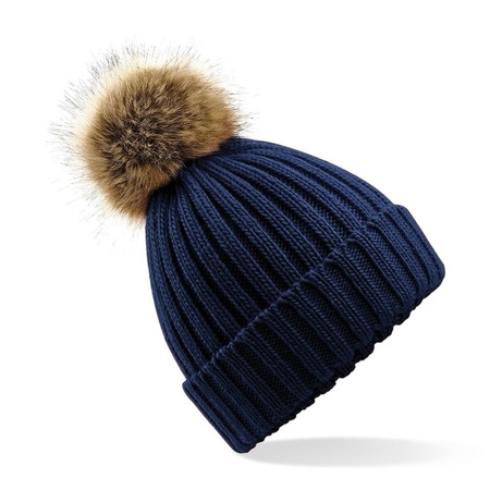 Knitted winter hat navy blue with faux fur pompon for men/women