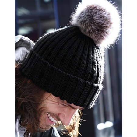 Knitted winter hat black with faux fur pompon for men/women
