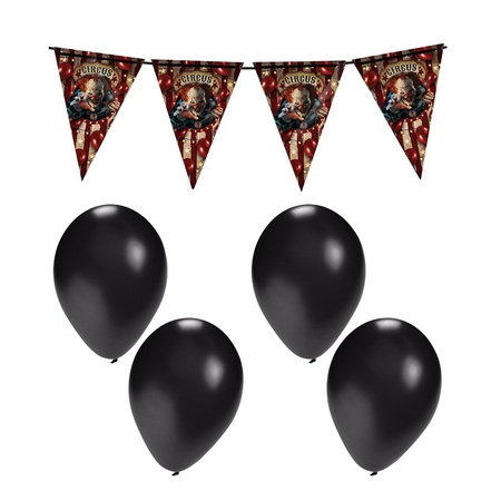 Halloween bunting flags decoration - Horrorclown circus - 400 cm plastic - with 10x black balloons