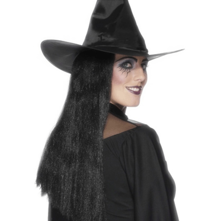 Zwarte dames heksenpruik lang zwart haar