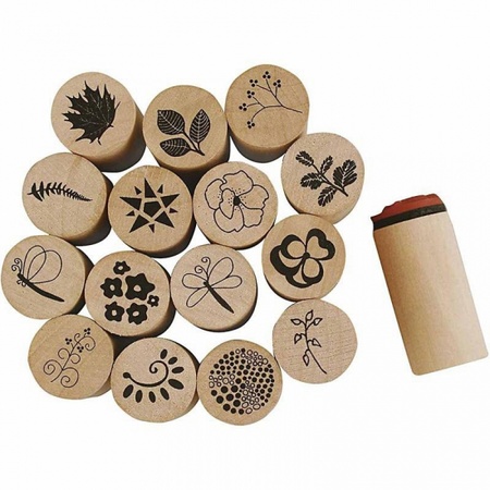 Wooden stamp set flowers 15 pieces