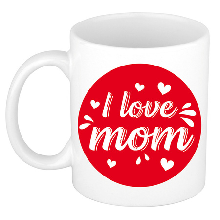 I love mom/ mama cadeau koffiemok / theebeker wit cirkel met hartjes 300 ml