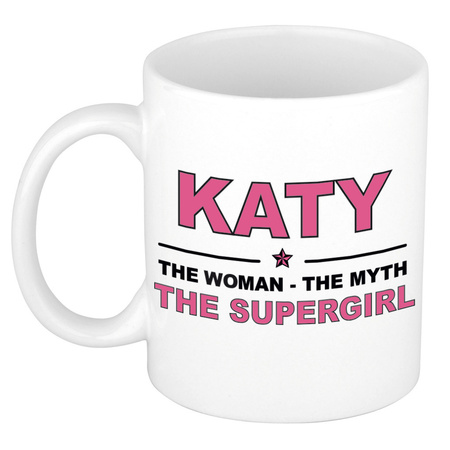 Naam cadeau mok/ beker Katy The woman, The myth the supergirl 300 ml