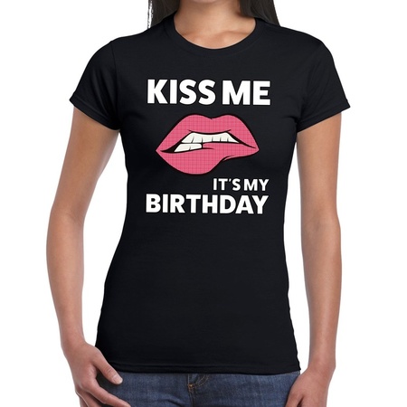 Kiss me it is my birthday zwart fun-t shirt voor dames