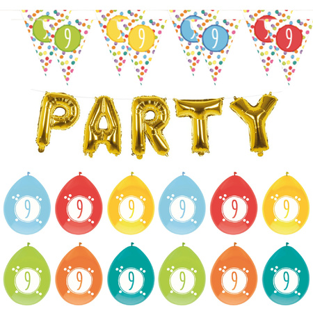 Party articles package 9 years birthday flags and balloons
