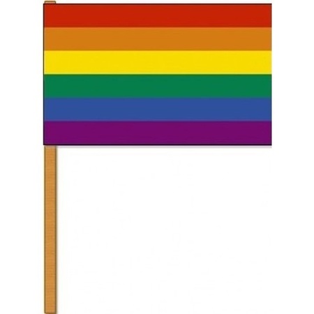 1x Regenboog zwaaivlaggetje/handvlaggetje 30 x 45 cm met houten stok