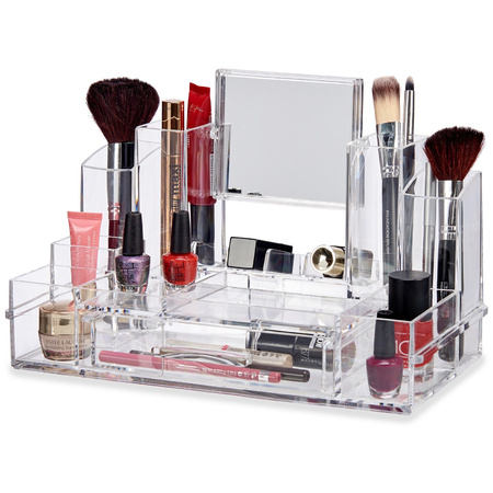 Make-up organizer/opberger 13-vaks met lade en spiegel 29 x 16 cm van kunststof