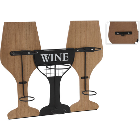 Metalen/houten wijnflessen rek/wijnrek in de vorm van 2 wijnglazen voor 3 flessen 35 x 15 x 31 cm