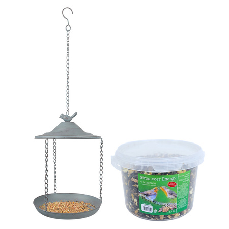 Metalen vogelbad/voederschaal hangend 30 cm met 4- seizoenen vogel strooivoer 2,5 kg