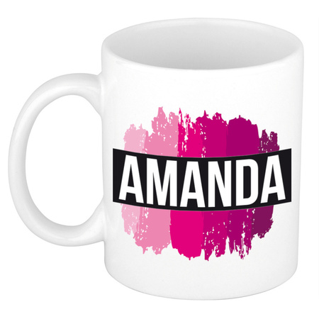 Amanda  naam / voornaam kado beker / mok roze verfstrepen - Gepersonaliseerde mok met naam