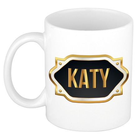 Katy naam / voornaam kado beker / mok met goudkleurig embleem