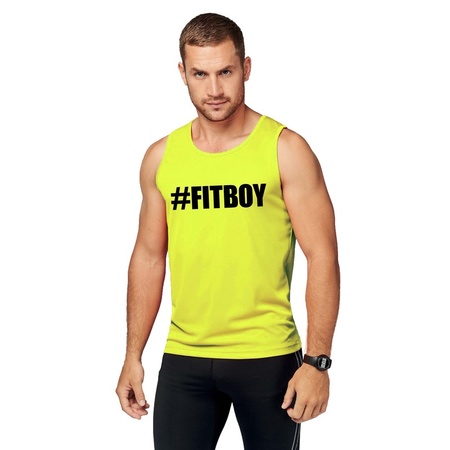 Sport shirt met tekst #Fitboy neon geel heren