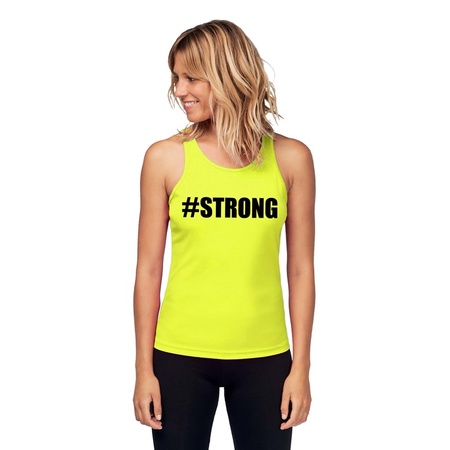 Sport shirt met tekst #Strong neon geel dames