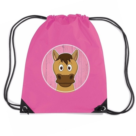 Paard dieren trekkoord rugzak / gymtas roze voor kinderen