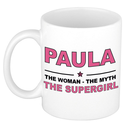 Naam cadeau mok/ beker Paula The woman, The myth the supergirl 300 ml