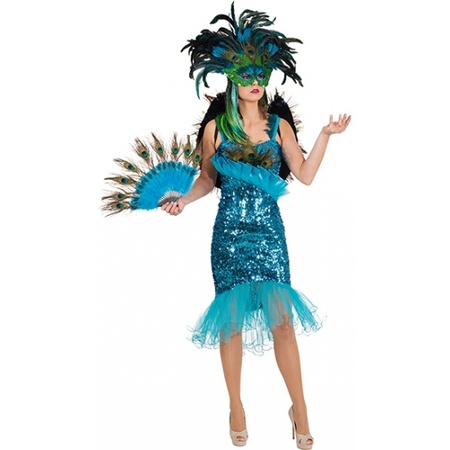 Turquoise pauwveren verkleed jurk