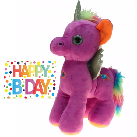 Plush soft toy unicorn purple 35 cm paars A5 Happy Birthday postcard