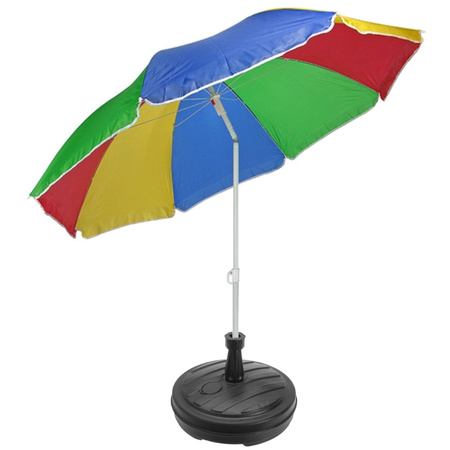 Rainbow colored parasol 180 cm with plastic grey base 42 cm