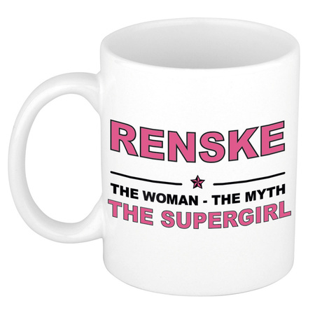 Naam cadeau mok/ beker Renske The woman, The myth the supergirl 300 ml