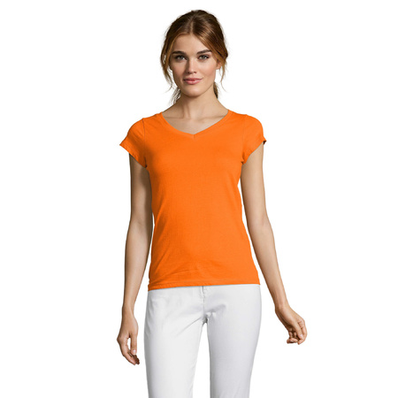 Set van 2x stuks dames t-shirt  V-hals oranje 100% katoen slimfit, maat: 40 (L)