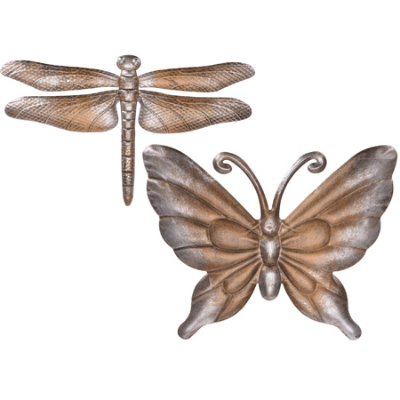 Set van 2x stuks metalen vlinder en libelle donkerbruin/brons 29 en 46 cm tuindecoratie