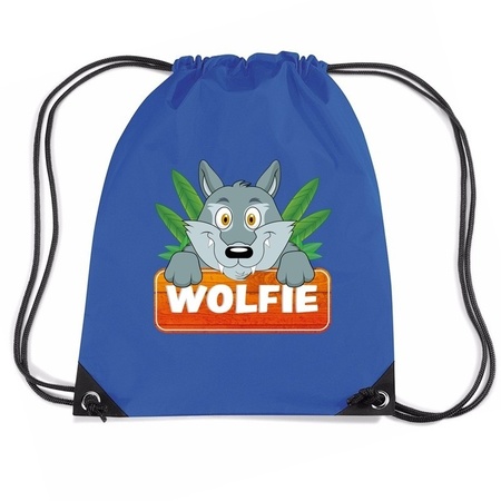 Wolfie de Wolf trekkoord rugzak / gymtas blauw voor kinderen