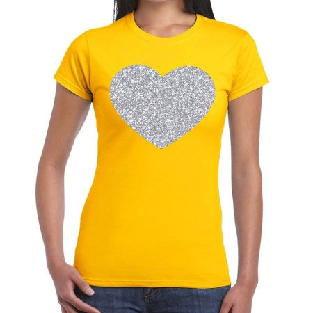 Zilveren hart glitter fun t-shirt geel voor dames