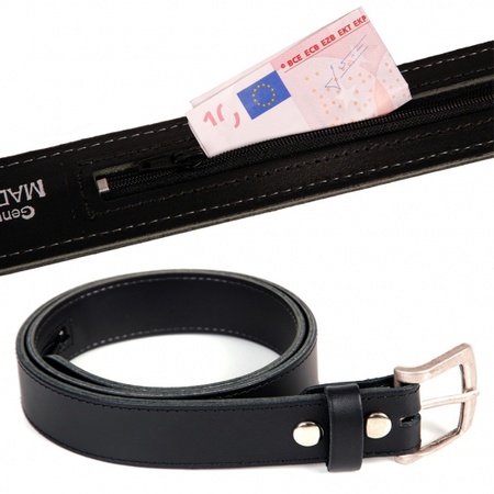 Black leather money belt with pocket for adults